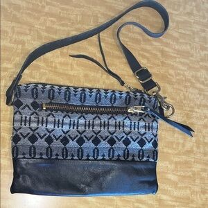 Rais Case Black Wool like Tapestry & Leather shoulder / clutch Bag